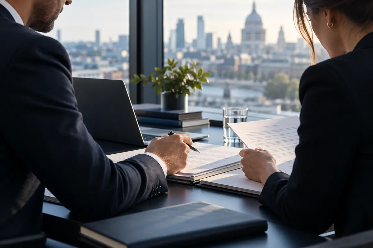 Illustration of two professionals reviewing organised documents beside a laptop