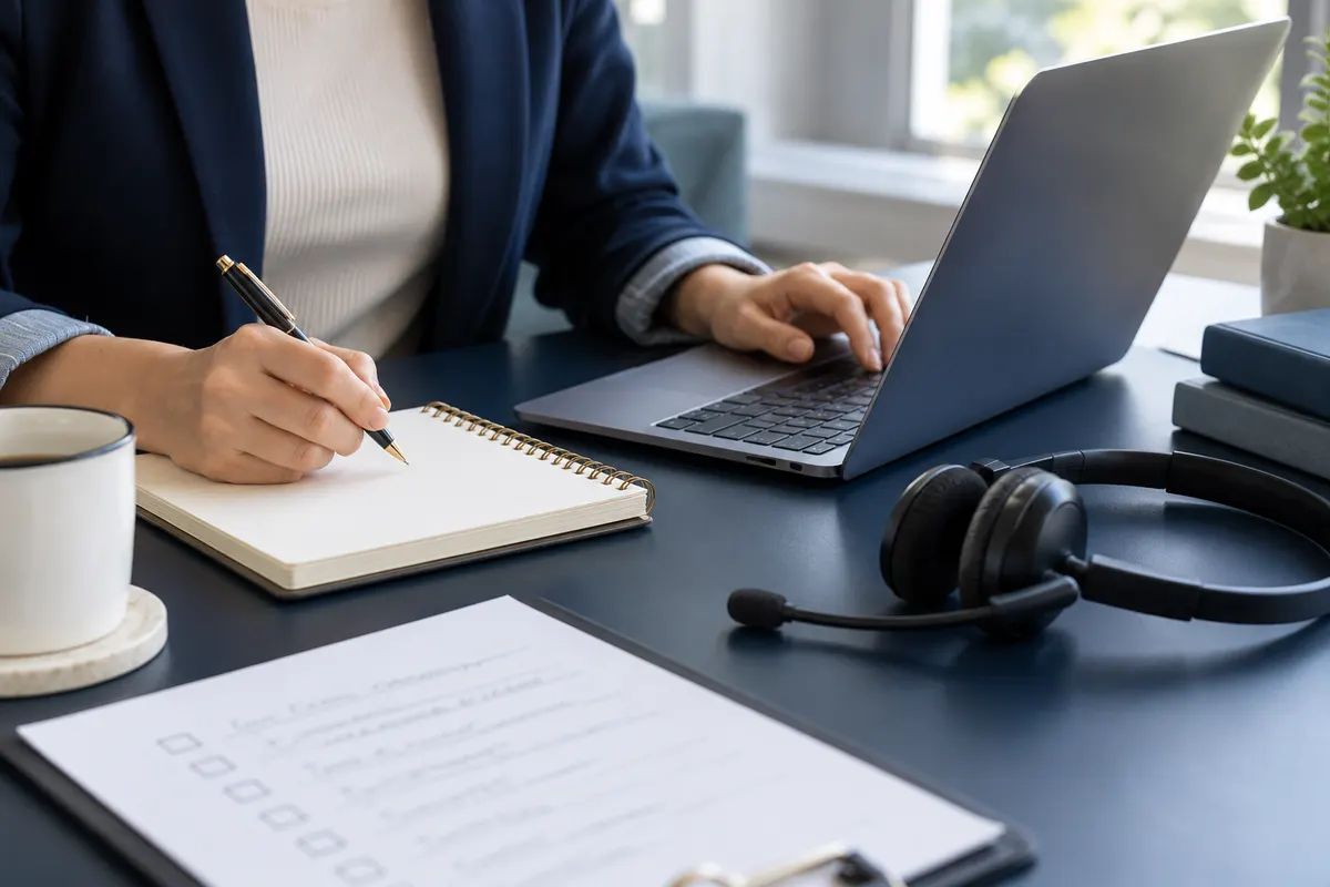 Illustration of a professional preparing intake notes beside a laptop and headset